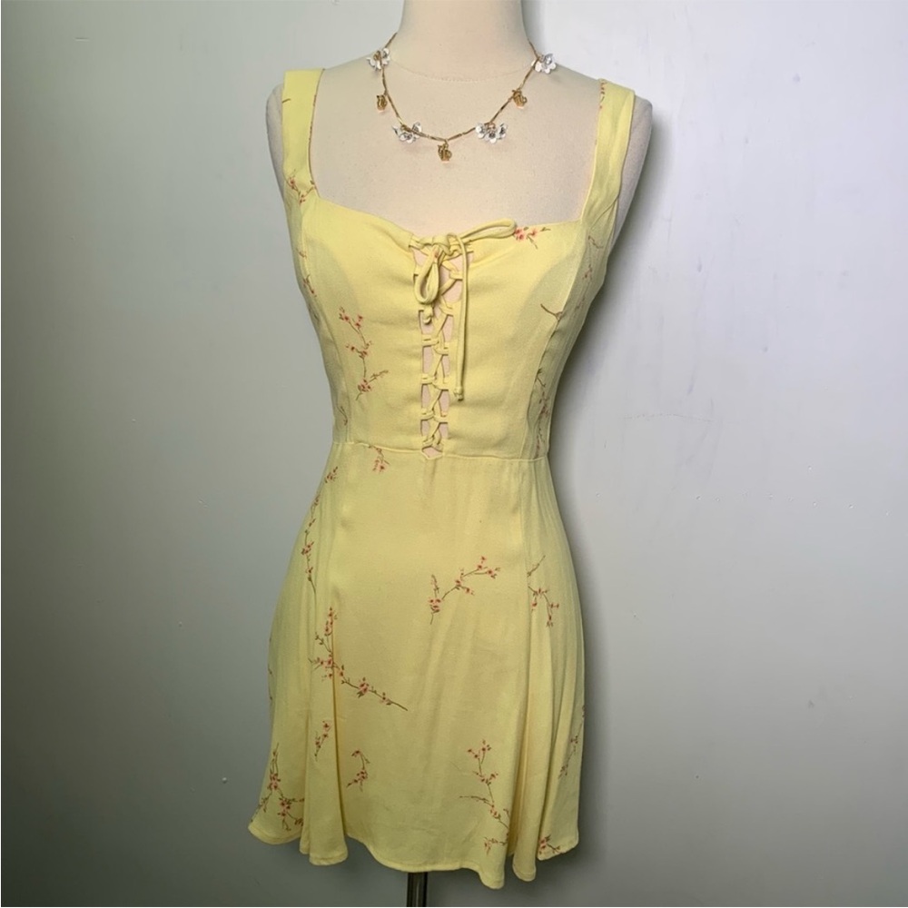 Reformation Yellow Mini Dress with Delicate Pink Blossom Print